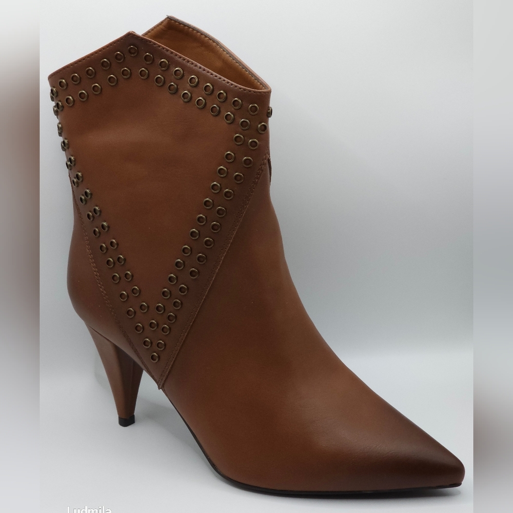 Brown faux leather women's ankle booties with brass-toned studs. Size 38